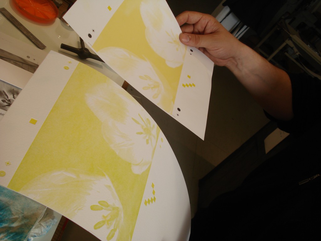 Patrick compares the Ink Jet print out to the pulled yellow proof